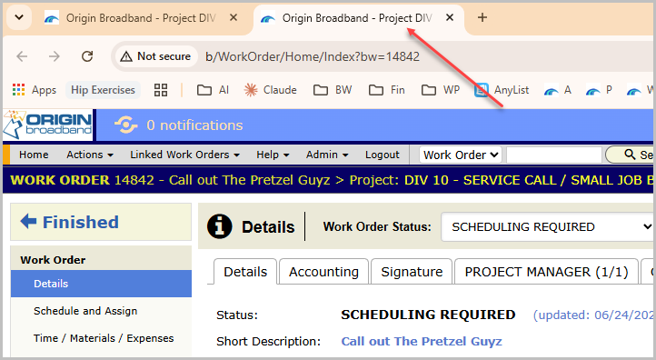 The cloned work order opening in a new browser tab