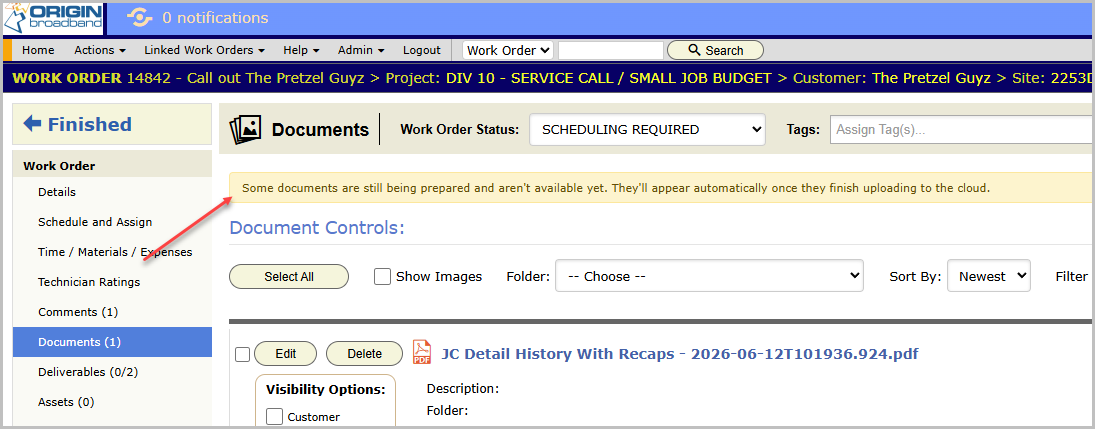 Notice that documents are still being prepared and will appear automatically
