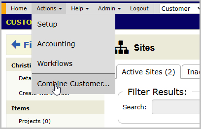 Actions menu open on a customer record, with Combine Customer highlighted below Setup, Accounting, and Workflows