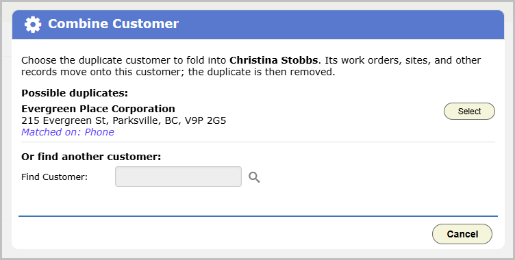 Combine Customer dialog offering Evergreen Place Corporation as a possible duplicate for Christina Stobbs, matched on phone, with a search field below to find another customer