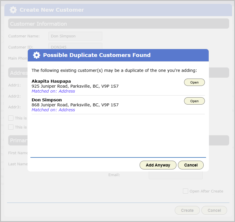 Possible Duplicate Customers Found dialog showing two existing customers matched on address