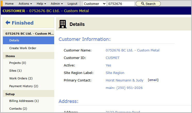 Surviving customer record after the combine, showing the merged work orders and sites in place