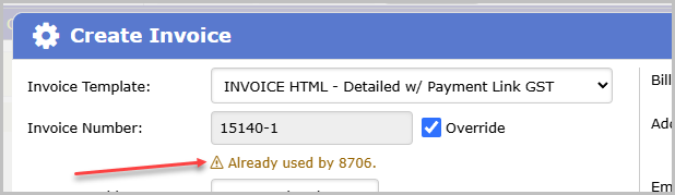 The invoice dialog showing an amber warning under the Invoice Number field