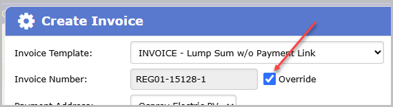 The invoice dialog with Override checked