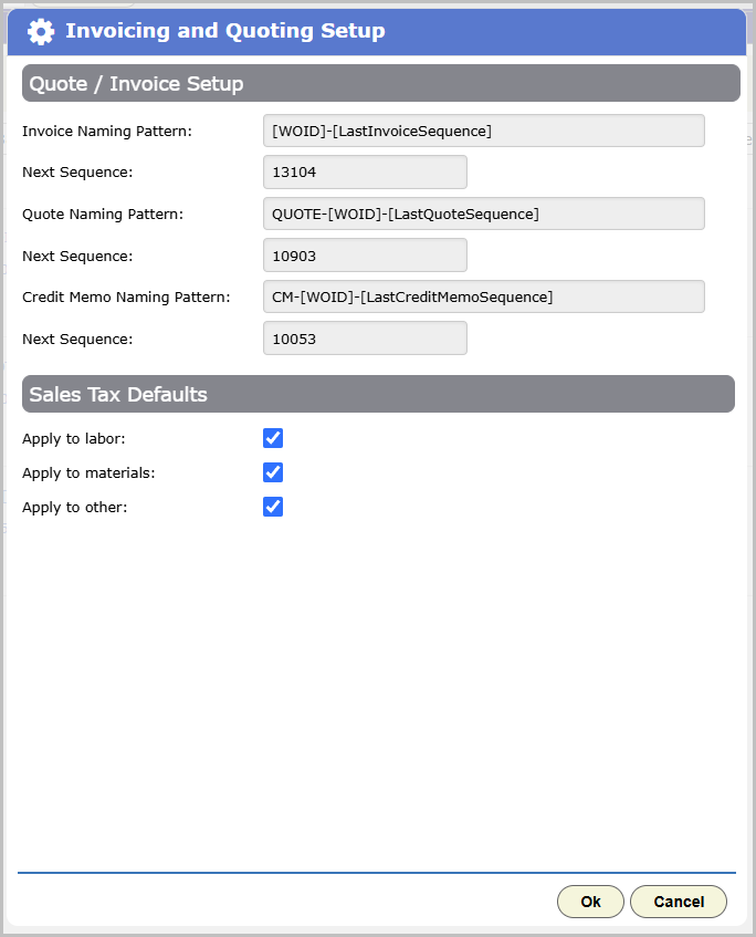 The Quote / Invoice Setup dialog with Invoice Naming Pattern, Next Sequence, Quote Naming Pattern and Credit Memo Naming Pattern fields