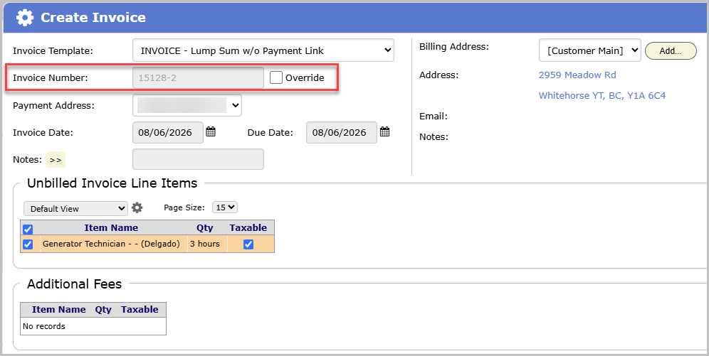 The invoice dialog showing the Invoice Number field filled with the generated number