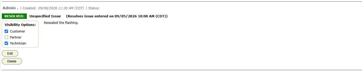 The new work order's Comments page, with the original authors and dates kept and an issue tied to its resolution