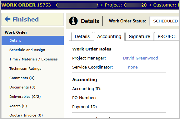 The Work Order Roles section on the Accounting tab showing the Project Manager and Service Coordinator