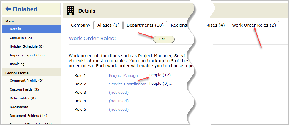The Work Order Roles tab under Actions > Setup > Details, with the clickable areas marked