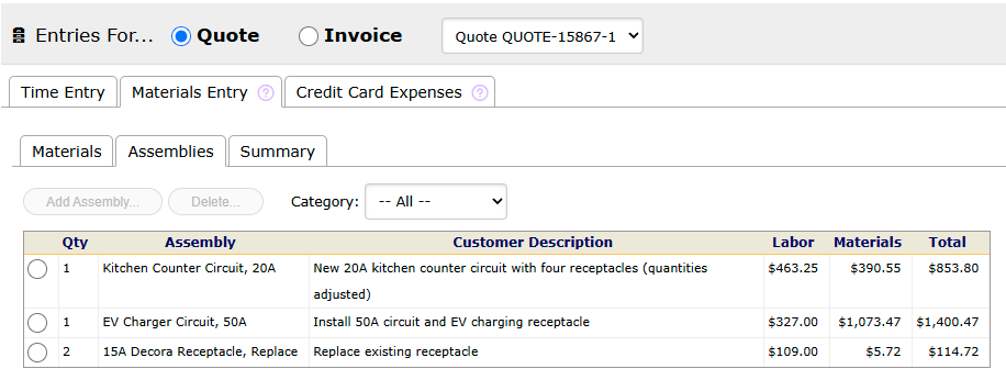 The same work order with QUOTE-15867-1 picked: the three Assembly lines on that quote, with Add and Delete turned off