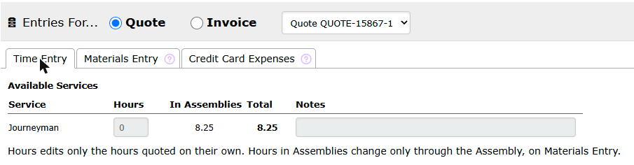 Time Entry for that quote: the hours it holds, read-only