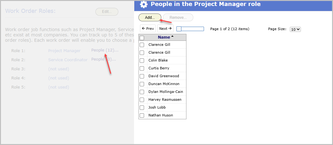 The People picker for the Project Manager role with a curated list of internal people