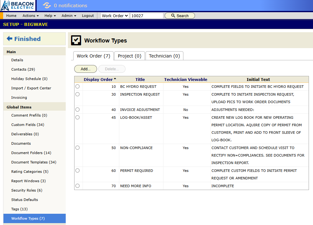 The Workflow Types panel under Setup, with tabs for work order, project and technician workflow types.