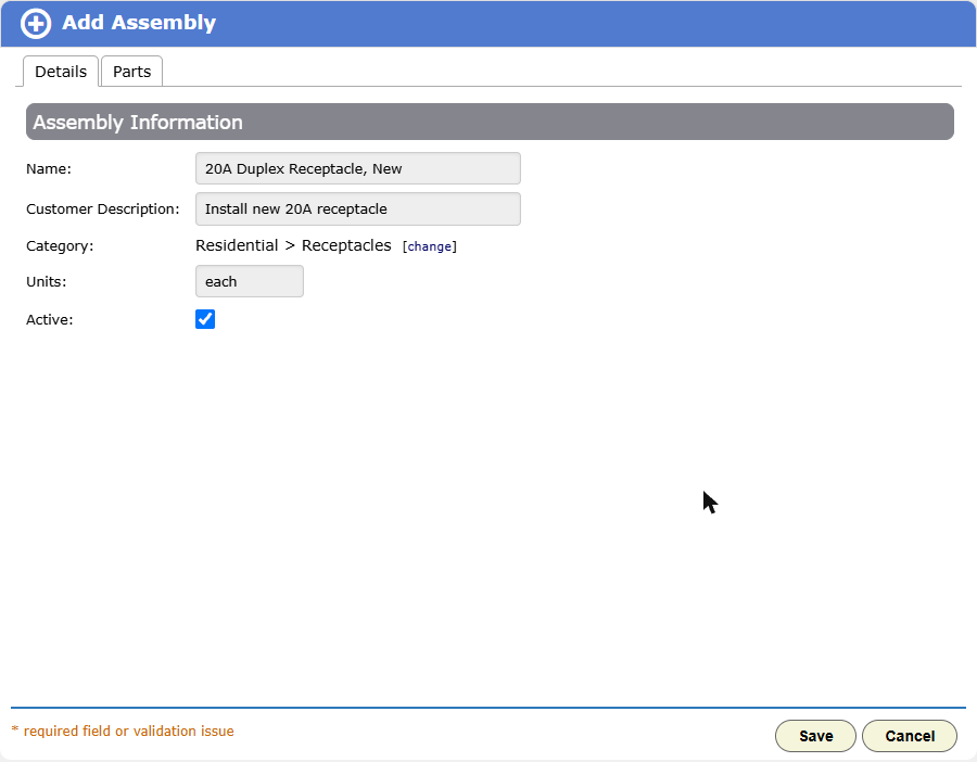 The Details tab of Add Assembly, filled in for a new 20A receptacle in Residential › Receptacles