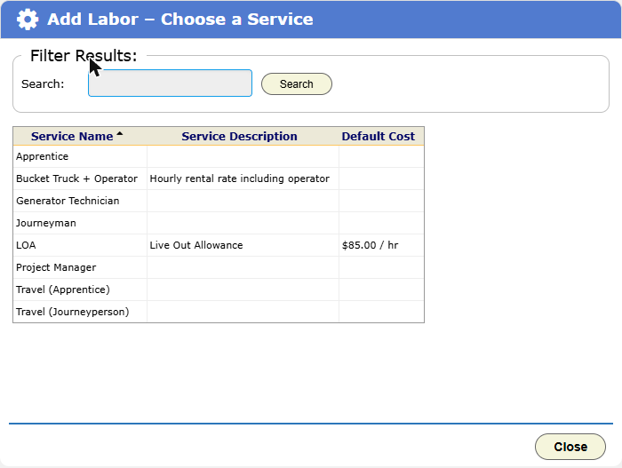 Add Labor: the list of services, with each one's default cost