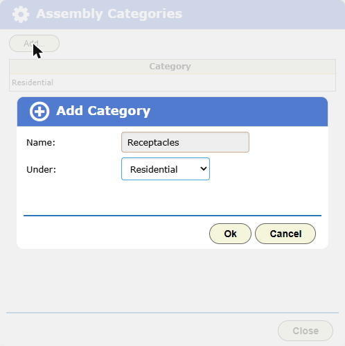 The Add Category dialog with Receptacles going under Residential