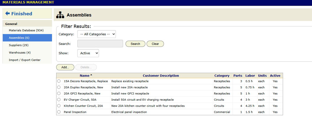 The Assemblies list on Materials Management, with the Category, Search and Show filters above the grid