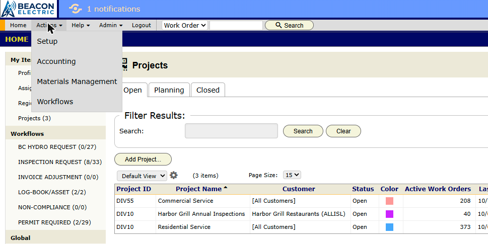 The Actions menu open, with Materials Management below Setup and Accounting