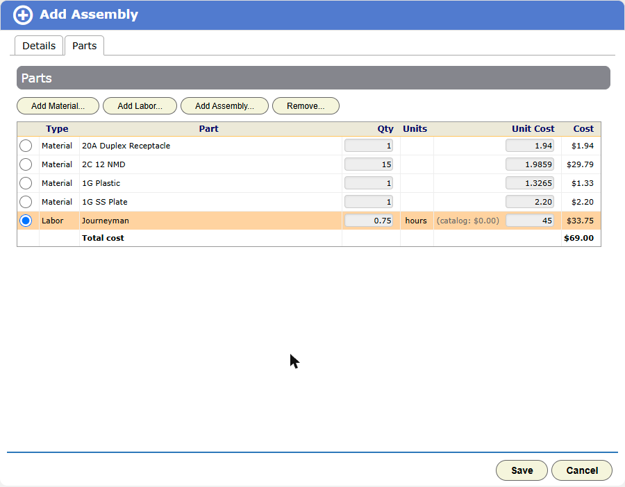 The Parts tab with four materials and one labor part, the cable at 15 and labor at 0.75 hours with a typed unit cost