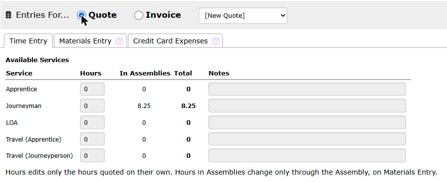 Quoted hours on Time Entry. The In Assemblies column sits beside the hours quoted on their own.