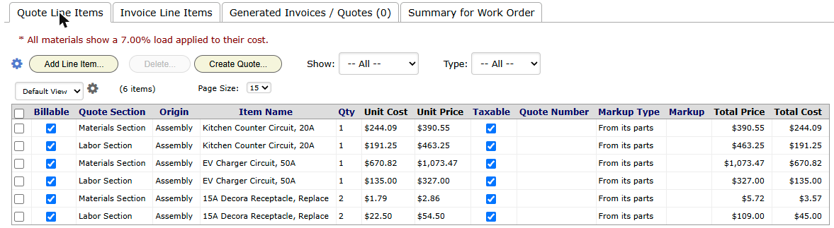 Quote Line Items, with each Assembly split into a Materials Section row and a Labor Section row.