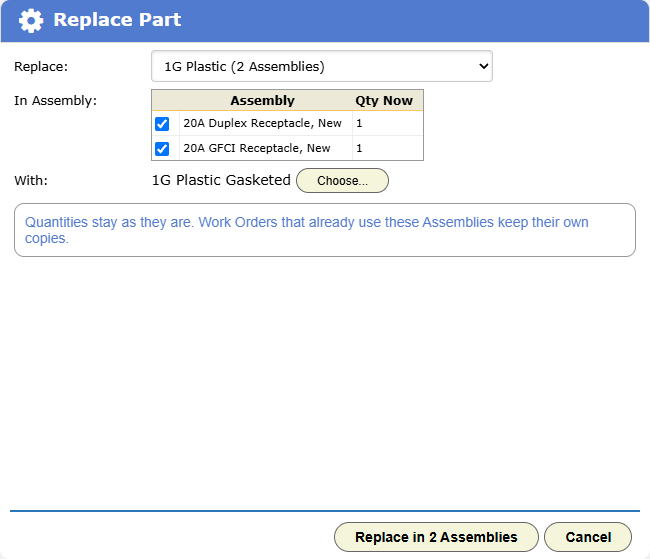 The Replace Part dialog, swapping one box for another in the Assemblies that use it