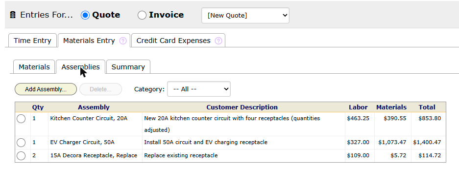 The Assemblies tab on a quote. The first line's description ends in "(quantities adjusted)".
