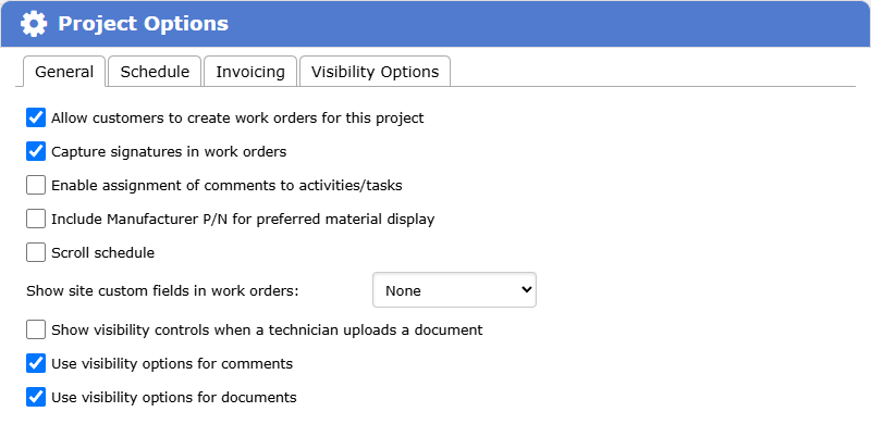 The Project Options dialog open on its General tab. The other tabs are Schedule, Invoicing and Visibility Options