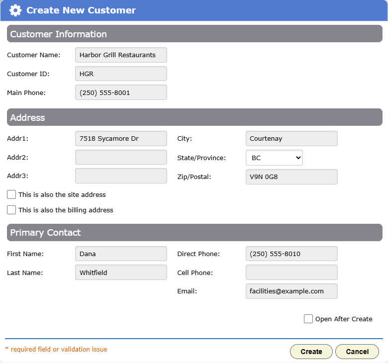 The Create New Customer dialog filled in for a business customer, with the site address box left clear.