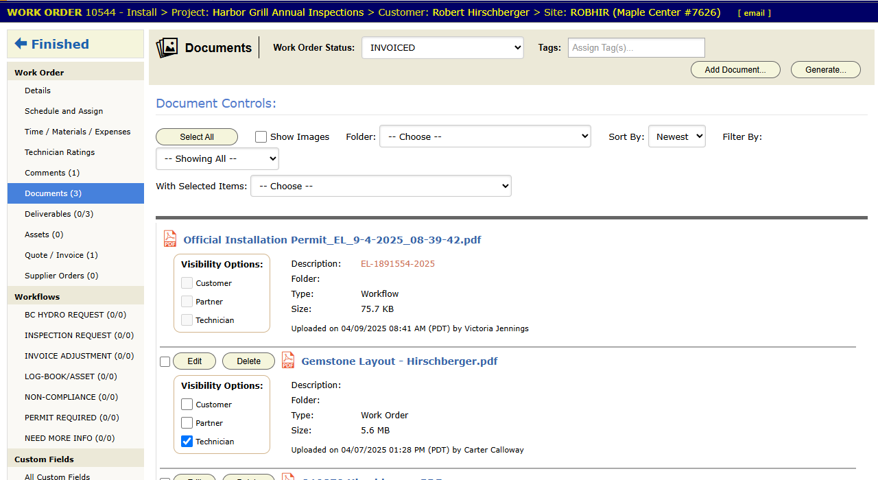 The Documents panel on a work order. Each file shows who uploaded it, when, and who can see it.