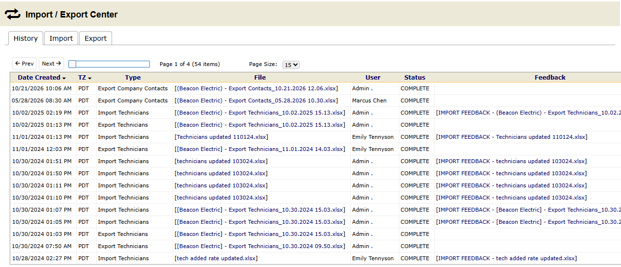 The History tab of the Import / Export Center. Each import lists its file, who ran it and a feedback file with a note on each row
