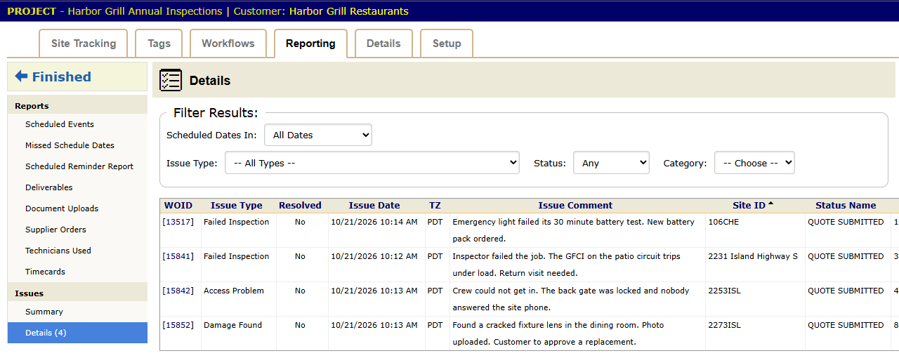The Issues Details report on the project's Reporting tab. Each row shows the work order, the issue type, whether it is resolved and the comment.