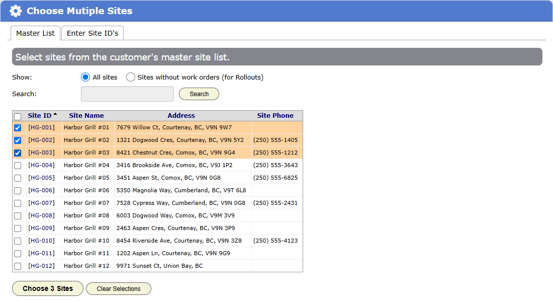 The Choose Multiple Sites dialog from Create Work Order(s) on the project's Setup tab. You tick sites on the customer's master list, or paste Site IDs on the second tab. You pick the template after you choose the sites.