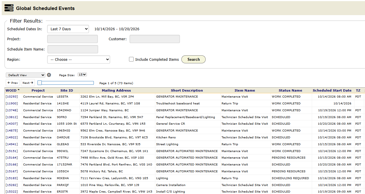 The Scheduled Events grid, listing scheduled work across projects with project, site, item, status and scheduled start columns. The date filter is set to the last 7 days