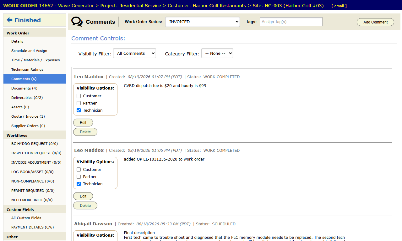 The Comments panel on a work order, with comments from office and field users. Each comment shows who wrote it, when, the status at the time and its visibility options