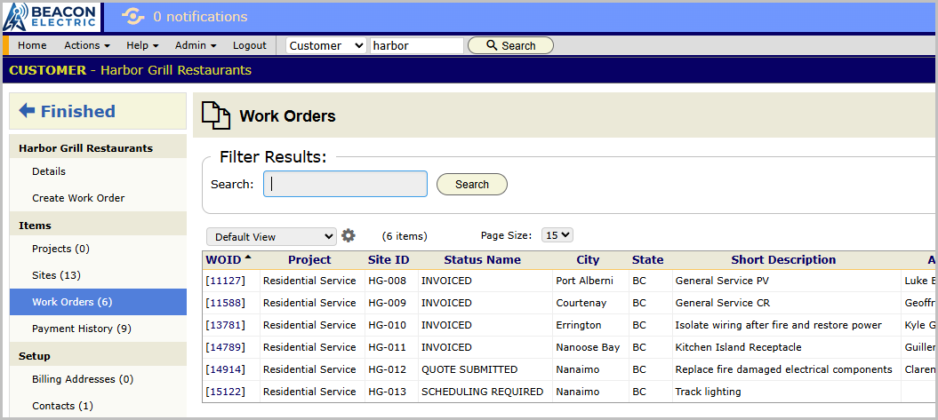 A Customer record with its Work Orders panel open