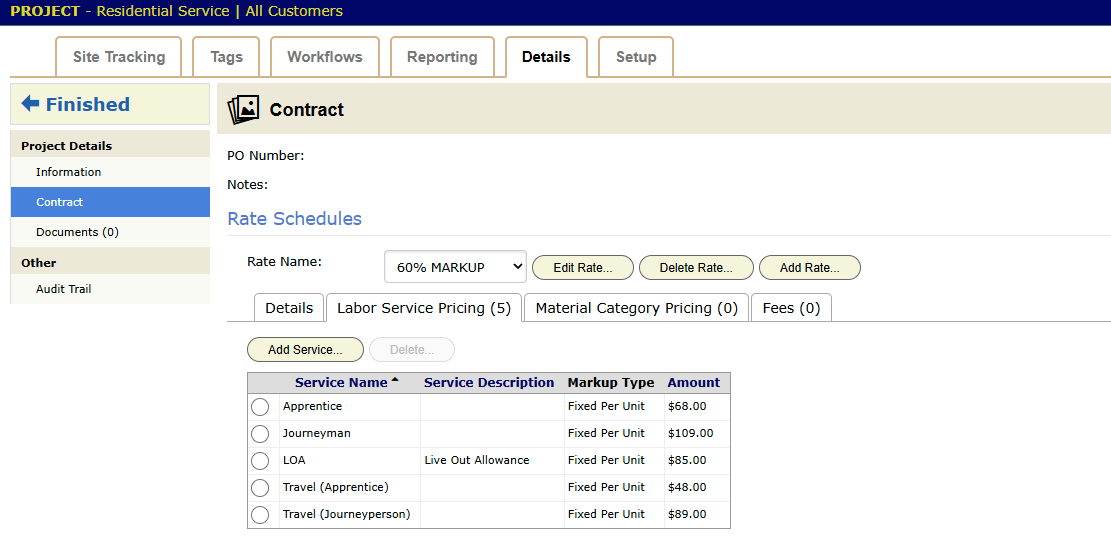 A project's Contract panel on the Labor Service Pricing tab, with each service's markup type and amount