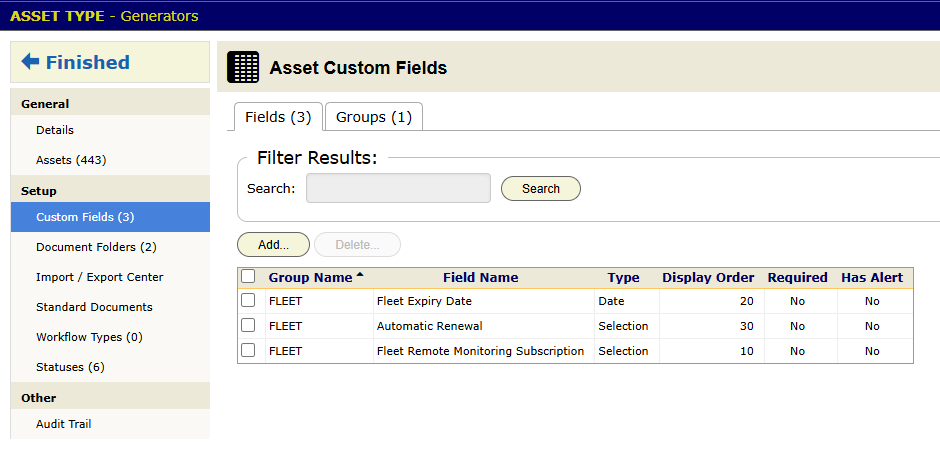 The Generators asset type, open on Custom Fields. The Setup group in the left panel holds Custom Fields, Statuses and Standard Documents.