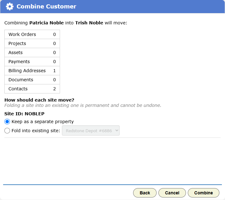 The Combine Customer dialog, showing what will move and a choice for each of the duplicate's sites.