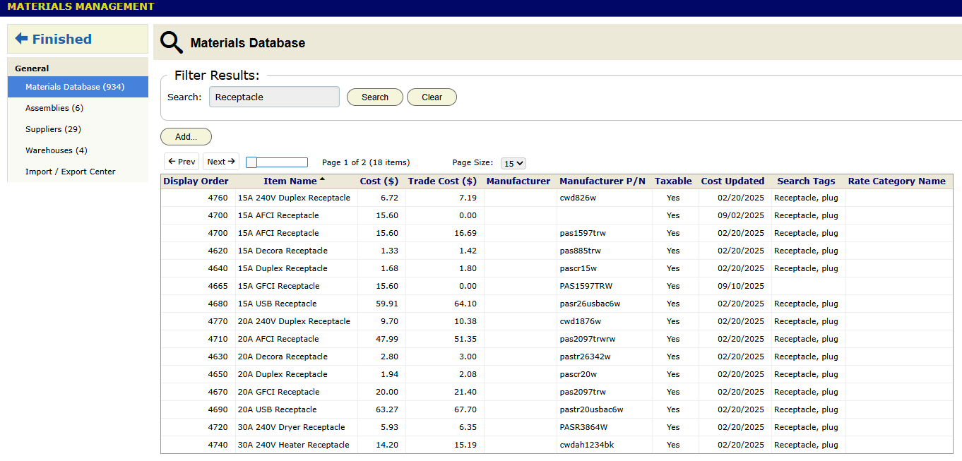 The Materials Database on Materials Management, searched for receptacles, with each part's cost, trade cost and manufacturer part number