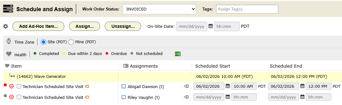 The Schedule and Assign panel on a work order: two site visit entries, each with an assigned technician. The first has a scheduled start and end. The second is not scheduled yet