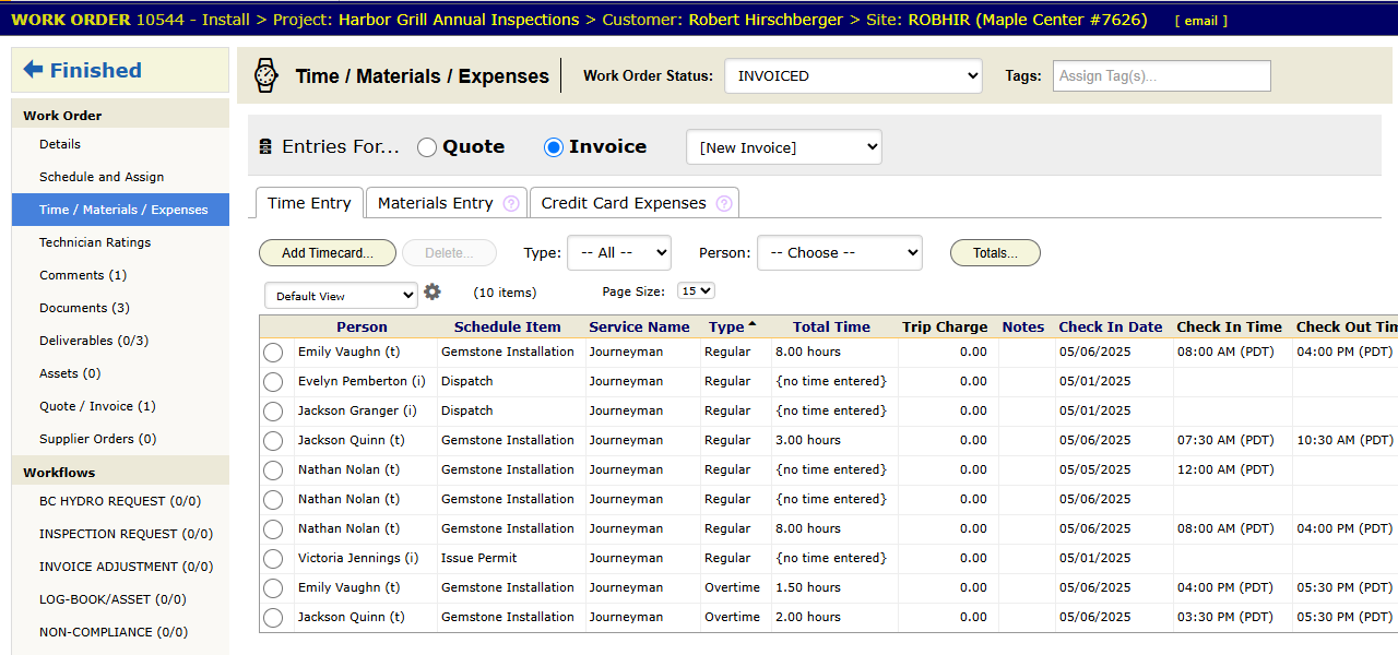 The Time Entry tab of Time / Materials / Expenses, with timecards logged against the job.