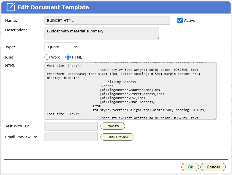 An HTML quote template open for editing. Field codes sit in the HTML box, with Test With ID, Preview and Email Preview below it