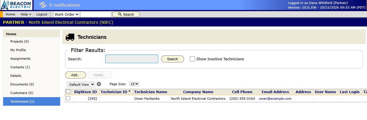 What a partner office login sees: the partner screen with the Projects, Assignments and Technicians panels. The Technicians panel lists the partner's own technician