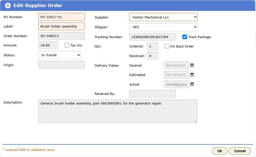 The Edit Supplier Order dialog on a work order, with the PO number, supplier, amount, status, tracking number and delivery dates