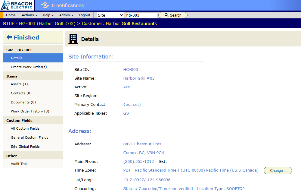 One Harbor Grill site open on Details. The left panel lists Contacts, Documents, Assets and Work Order History.