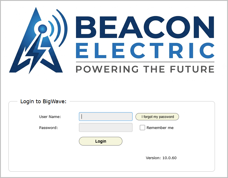 The BigWave login page