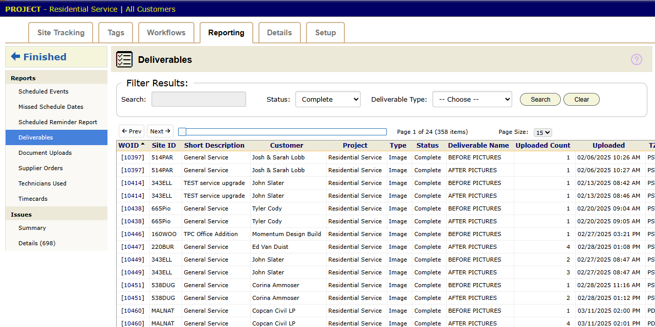 The Deliverables report on a project's Reporting tab, filtered to Complete. Each row is one required document on one work order, with its status and upload date
