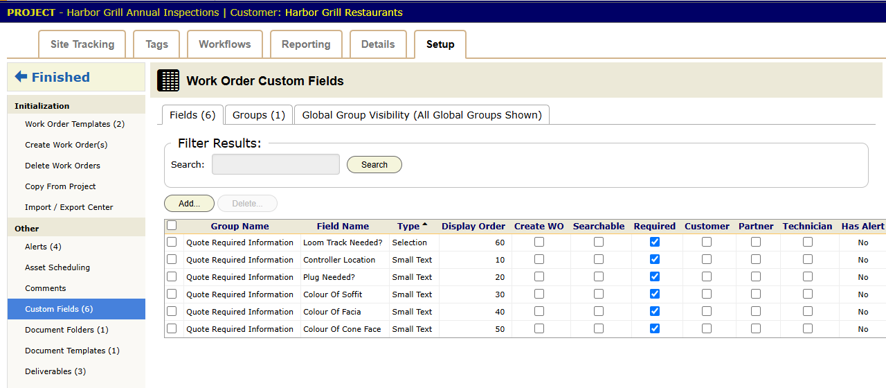 A project's Custom Fields panel, listing work order fields with their group, data type and Required flag, and who can see each one