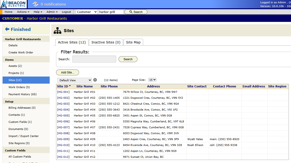 The Sites panel for Harbor Grill Restaurants, with one row for each restaurant location
